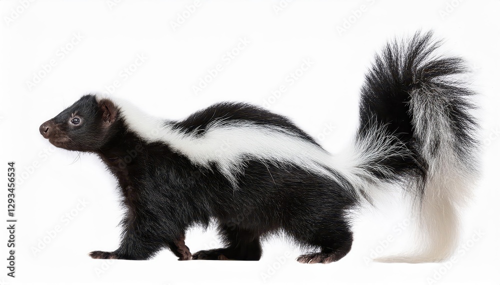 Sideways Stride of a Charming Young Striped Skunk Mephitis mephitis in a Timeless Black White Pattern, Caught MidGait in a Captivating Moment, Showcasing Playful Energy and Wild Beauty. Sideways Stride of a Charming Young Striped Skunk Mephitis mephitis in a Timeless Black White Pattern, Caught MidGait in a Captivating Moment, Showcasing Playful Energy and Wild Beauty.