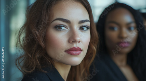 Close-up portrait of women from different ethnicities standing side by side in an office setting, looking at the camera with determination and confidence. 