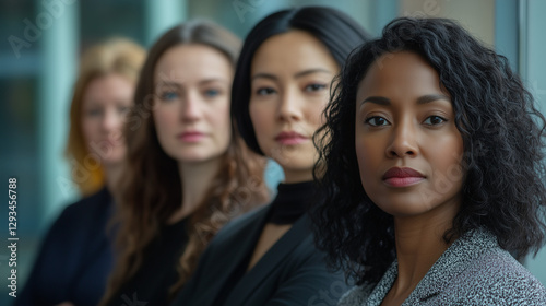 Close-up portrait of women from different ethnicities standing side by side in an office setting, looking at the camera with determination and confidence. 