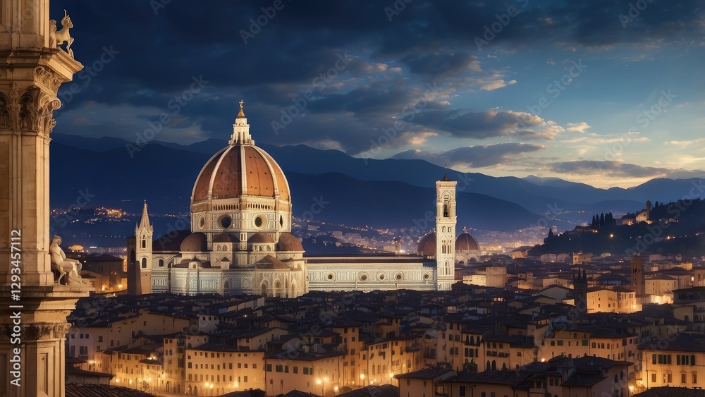 Fototapeta premium 1. Nighttime View from a Wooden Terrace Overlooking Illuminated Florence, Italy