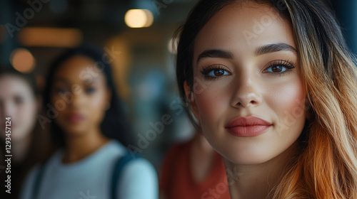 Close-up portrait of women from different ethnicities standing side by side in an office setting, looking at the camera with determination and confidence. 