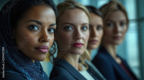 Close-up portrait of women from different ethnicities standing side by side in an office setting, looking at the camera with determination and confidence. 