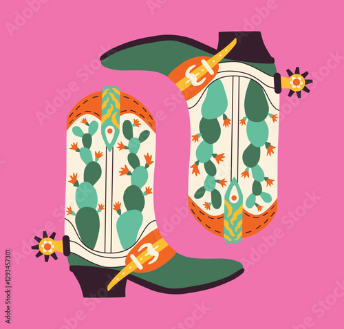 Cowboy boots on pink background. Quirky card in western stile. Hand drawn vector illustration for banner, print, t shirt.