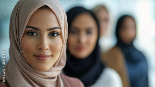 Close-up portrait of women from different ethnicities standing side by side in an office setting, looking at the camera with determination and confidence. 