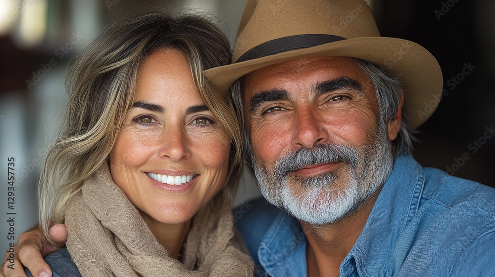 A mature couple radiates warmth and contentment, their connection palpable in a soft, intimate portrait with natural lighting and a subtle background. A mature couple radiates warmth and contentment, their connection palpable in a soft, intimate portrait with natural lighting and a subtle background.