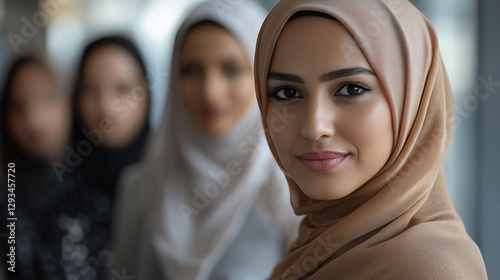 Close-up portrait of women from different ethnicities standing side by side in an office setting, looking at the camera with determination and confidence. 