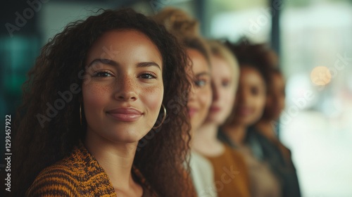 Close-up portrait of women from different ethnicities standing side by side in an office setting, looking at the camera with determination and confidence. 