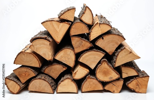 Pile of firewood logs stacked on white background. Timber woodpiles for fireplace, stove. Natural wooden fuel texture with tree bark. Sustainable eco material for winter heating.