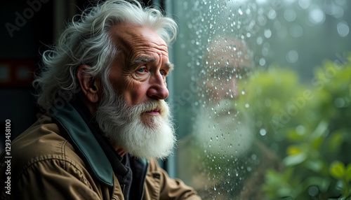 Contemplative Elderly Man Gazing Through Rainy Window – Thoughtful Expression, White Beard, and Reflections on Glass Create a Mood of Nostalgia, Solitude, and Introspection photo