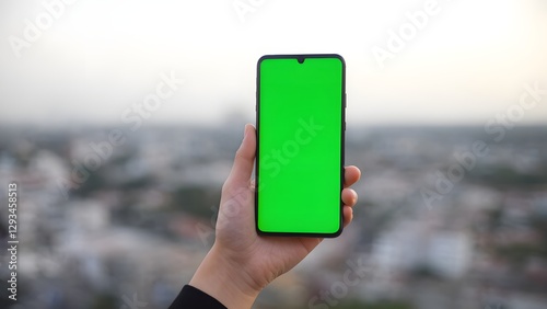 Person holding a smartphone with a green screen against a blurred cityscape background