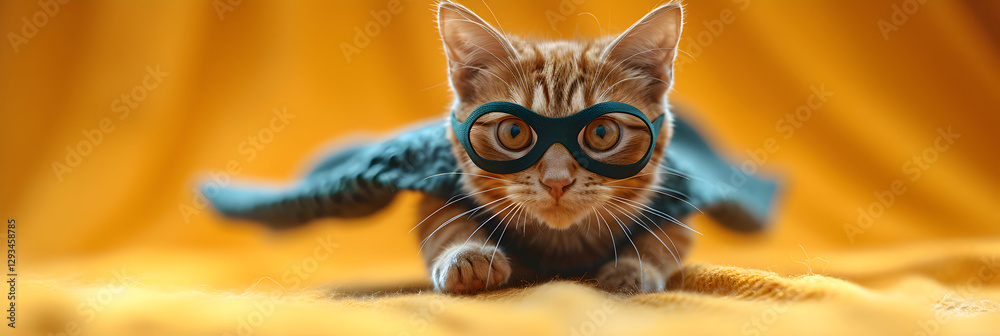 Fototapeta premium Funny superhero cat wearing mask and cape lying on yellow background, creative pet portrait
