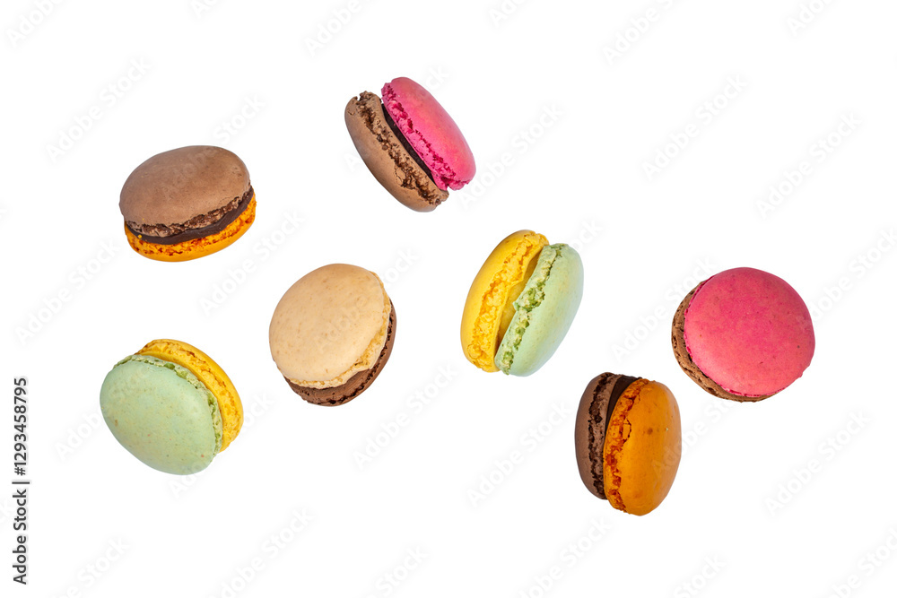 Flying colorful macarons isolated on transparent or white background, png