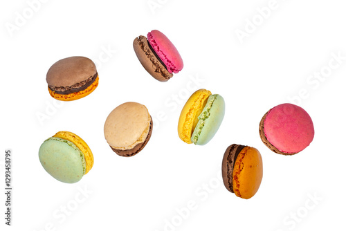 Flying colorful macarons isolated on transparent or white background, png