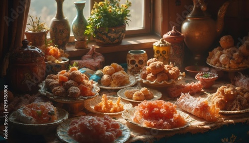 A rustic table adorned with a variety of traditional Mexican sweets, from sugar-coated pastries to artisanal candies, reflecting the festive spirit of Cinco de Mayo.
