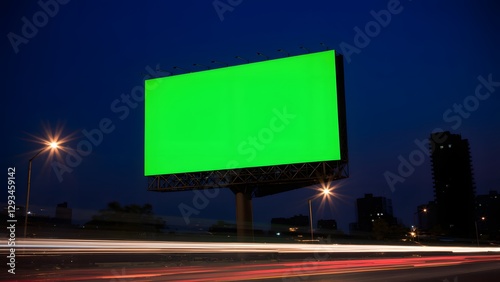 Empty billboard illuminated at night with a vibrant green screen, surrounded by city lights and traffic