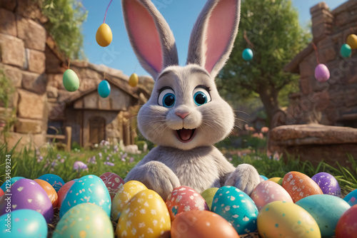 Adorable rabbit and eggs at Easter