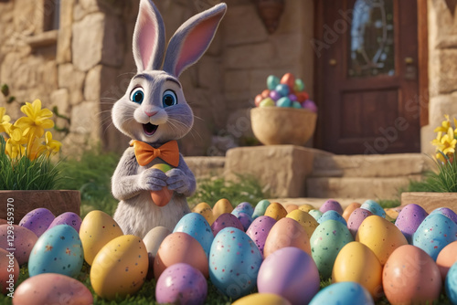 Adorable rabbit and eggs at Easter