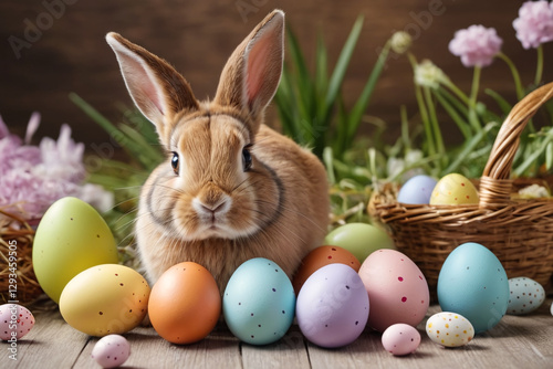Adorable rabbit and eggs at Easter