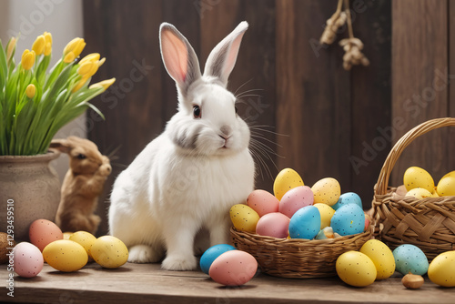 Adorable rabbit and eggs at Easter