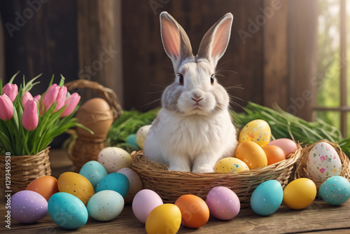 Adorable rabbit and eggs at Easter
