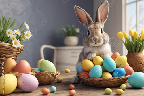 Adorable rabbit and eggs at Easter