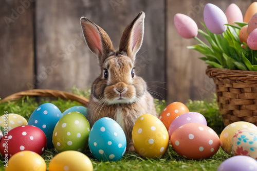 Adorable rabbit and eggs at Easter