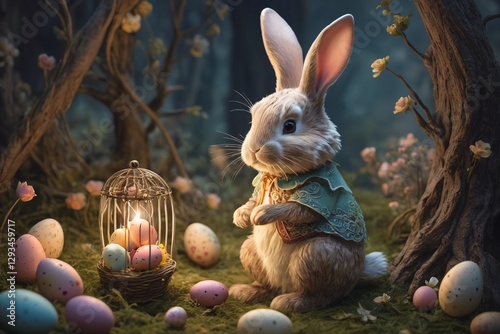 Adorable rabbit and eggs at Easter