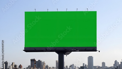 Green billboard in urban setting, showcasing blank advertising space against city skyline backdrop