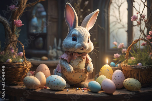 Adorable rabbit and eggs at Easter
