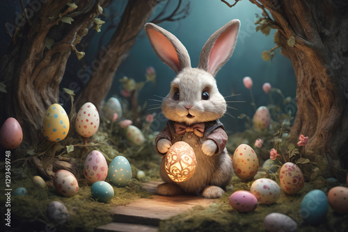 Adorable rabbit and eggs at Easter