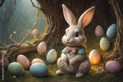 Adorable rabbit and eggs at Easter