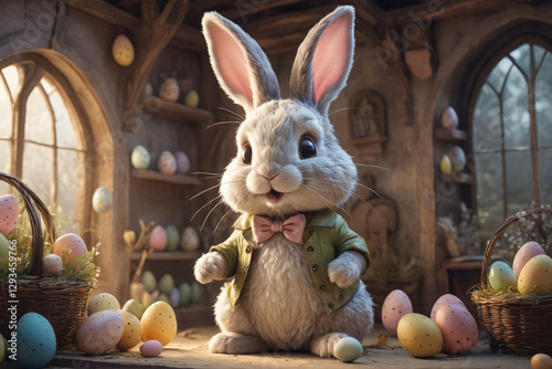 Adorable rabbit and eggs at Easter