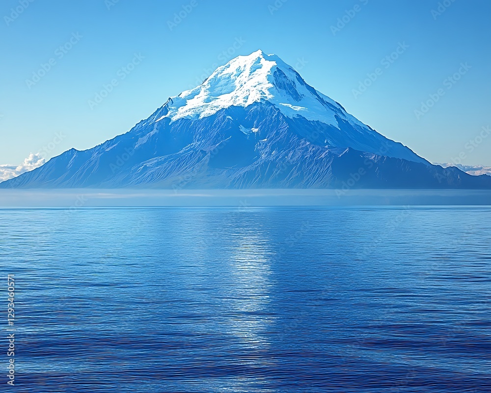Snow-capped mountain, ocean view, calm water Snow-capped mountain, ocean view, calm water