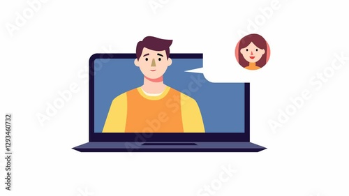 A cartoon graphic shows a man on a laptop screen with a speech bubble containing a woman's face
