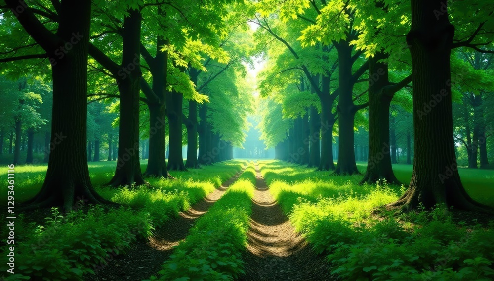 Fototapeta premium lush forest landscape with green foliage and black tree trunks, shadows, trees, forest floor