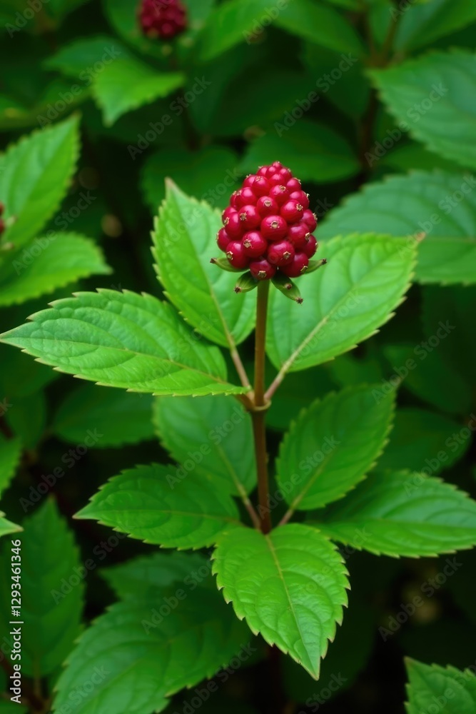 lush green foliage surrounds single blooming Bunchberry plant, lichen, wild growth lush green foliage surrounds single blooming Bunchberry plant, lichen, wild growth