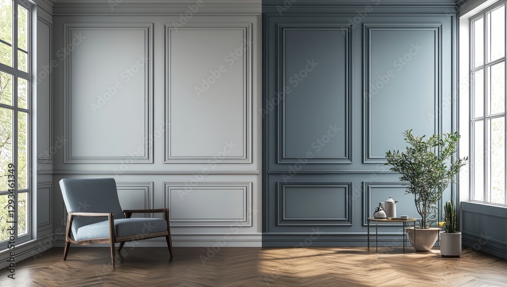 Fototapeta premium Dual-colored walls in a classic modern setting with panel details.