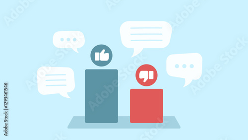 Two bar figures with like and dislike icons, surrounded by speech bubbles on a light blue background, social media feedback concept.