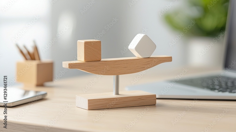 Miniature Seesaw on Workplace Desk with Light Background and Plant Miniature Seesaw on Workplace Desk with Light Background and Plant