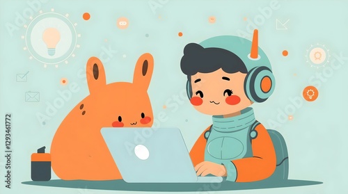Cartoon-Style Digital Illustration of Young Character with Headphones and Rabbit, Symbolizing Creativity and Collaboration in Playful Setting