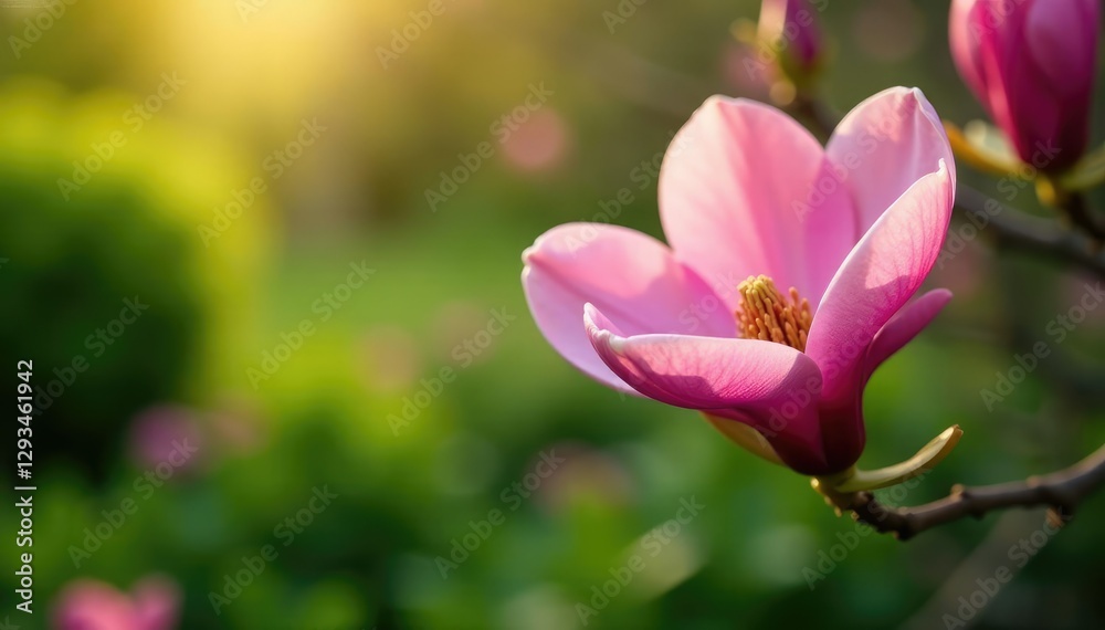 Pink magnolia flowers in a garden with lush greenery, spring blooms, foliage Pink magnolia flowers in a garden with lush greenery, spring blooms, foliage