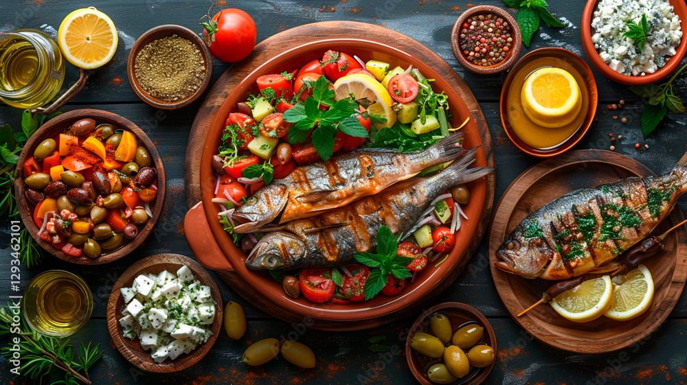Fototapeta premium Zenithal background of Mediterranean food. Fish with vegetables.