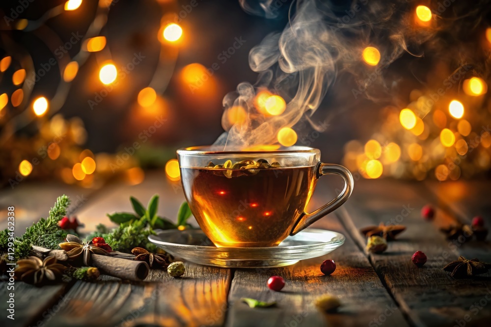 Fototapeta premium Warm Cozy Night: Steaming Cup of Herbal Infusion Tea