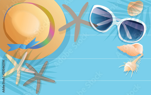 Summer border, beach background, sunglasses, blue wood deck, copy space