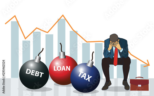 business man is stressed from business fail with debt, loan and tax, stressed man suffer from headache Bankruptcy problem. business concept