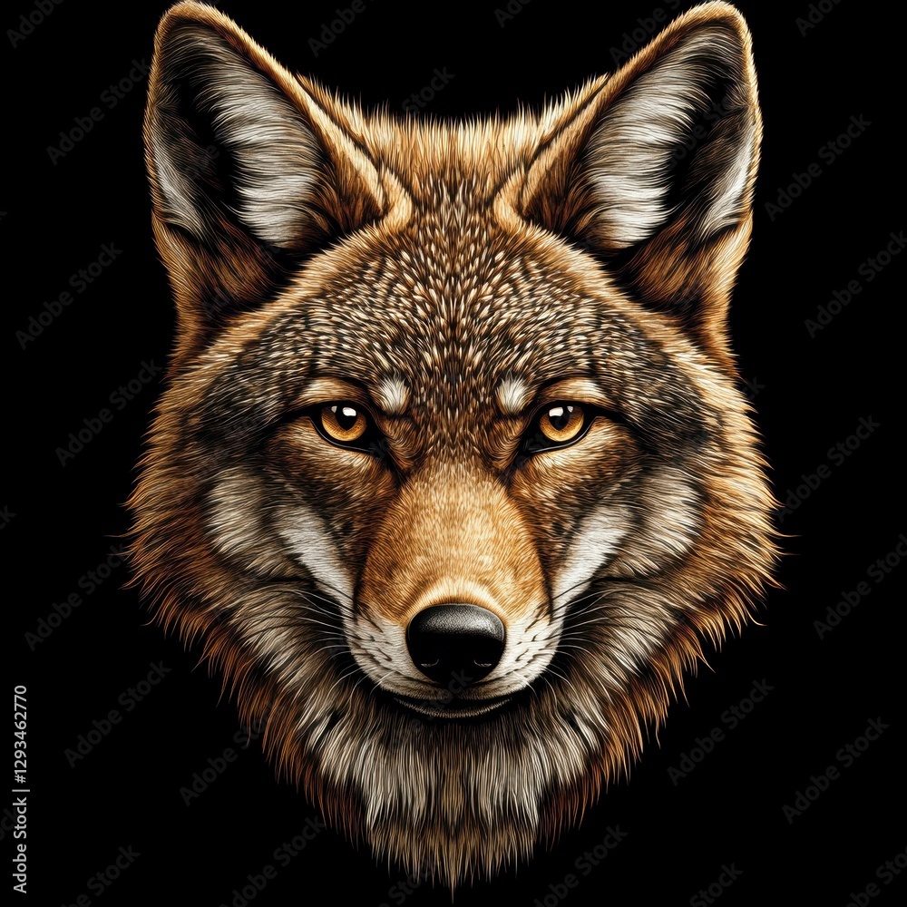 Fototapeta premium Realistic Intense Gaze of a Detailed Coyote Face Wildlife Portrait on a Black Background
