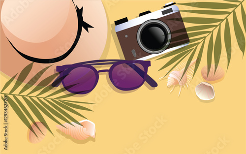 Flat lay traveler accessories on yellow background with blank space for text. Top view travel or vacation concept. Summer background.
