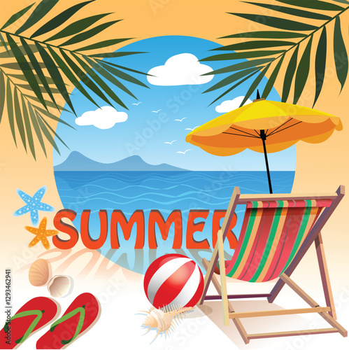 Vector illustration flat style summer background of sea shore. Good sunny day. Deck chair and beach umbrella on the sand coast. holiday concept