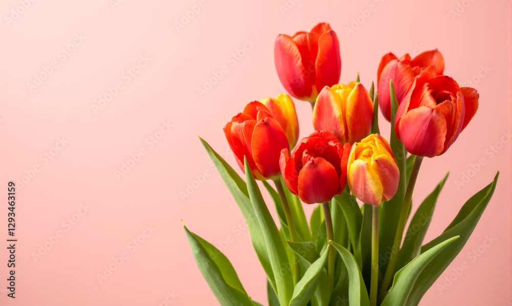 Bright red and yellow tulips with green leaves on soft pink background. Spring flowers bouquet for greeting card, Mother's Day, Women's Day, memory and celebration