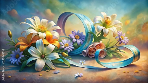 Watercolor Lilies & Daisies with Figure Eight Ribbon: Artistic Still Life Photography